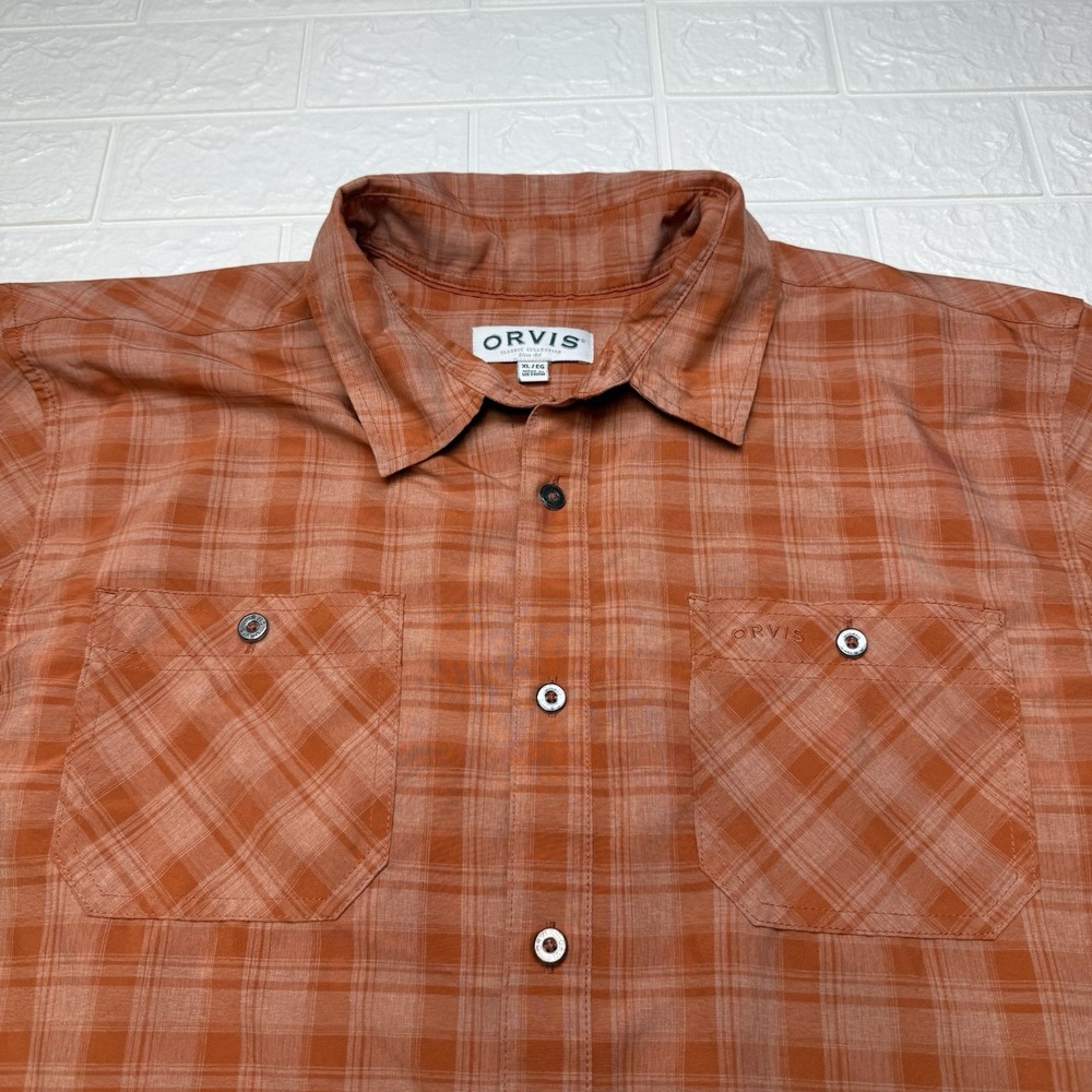 Orvis Mens XL Orange Plaid Short Sleeve Fishing Shirt Outdoor Button Up Pockets